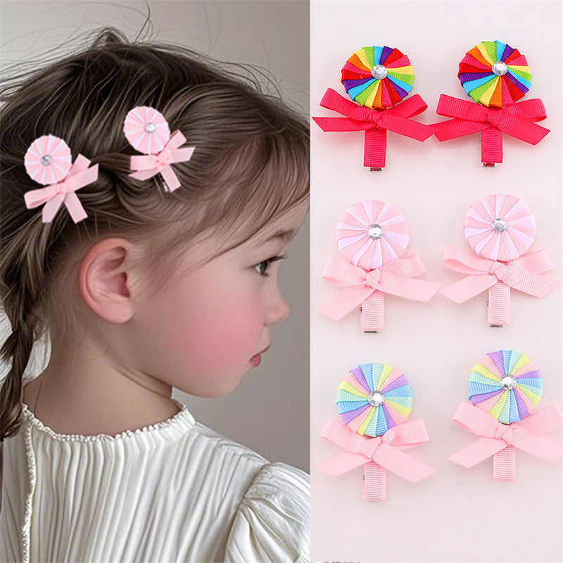 Cute Pink Candy-Themed Hair Clip for Girls with Bow Shape Fabric Construction and Ruffled Mesh Detail