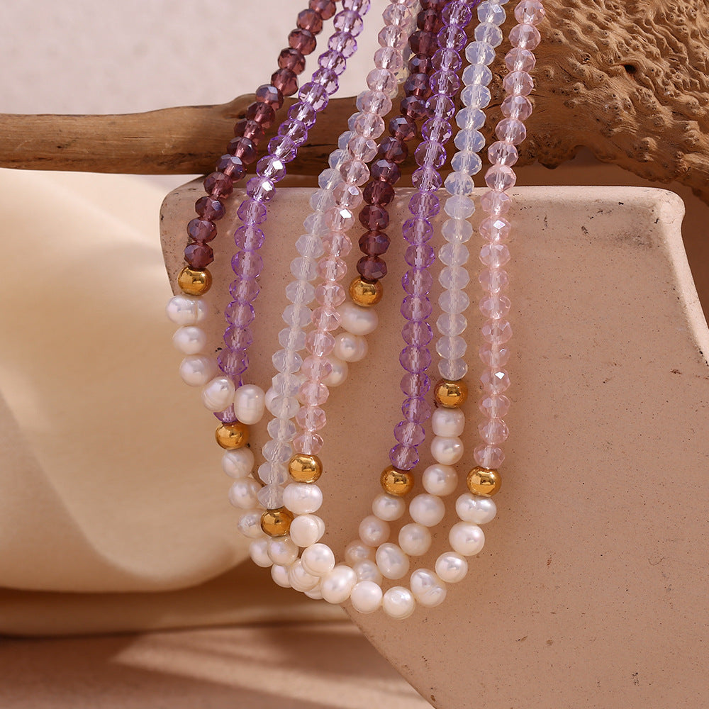 Collana Pendente Geometrica alla Moda in Acciaio Inossidabile da Donna con Pendente in Acciaio al Titanio, Finitura Placcata, Perle d'Acqua Dolce e Cristalli Taglio Leggero