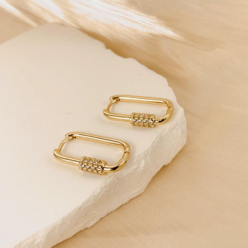 Pendientes geométricos minimalistas en forma de U de cobre con incrustaciones de pedrería para mujer