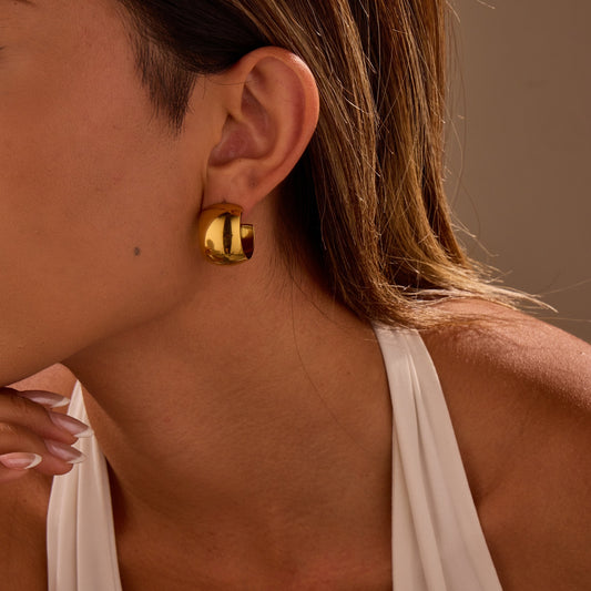 Minimalist Geometric Stainless Steel Earrings with 18K Gold Plating, C-Shaped Polished Hoop Luxury Ear Jewelry for Women