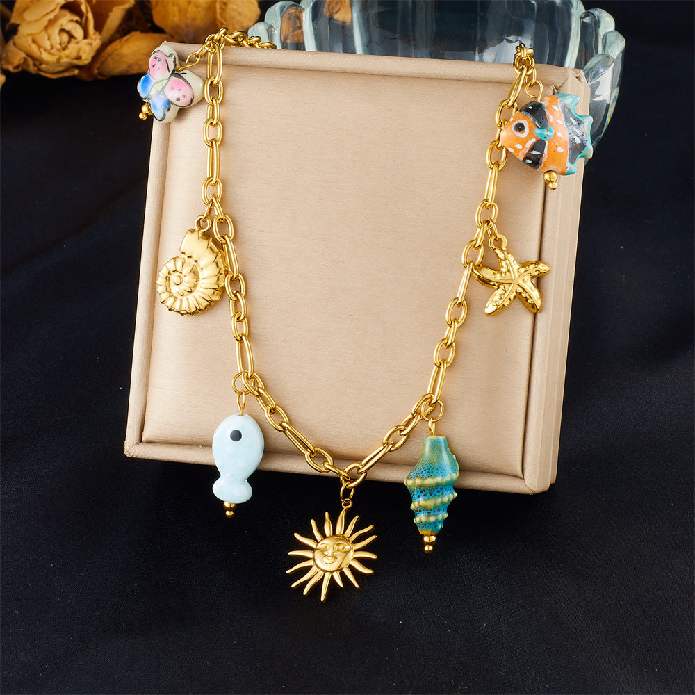 Stainless Steel Plated Star and Shell Pendant Necklace with Cable Chain for Women