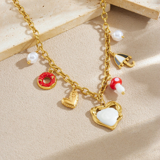 Chic Cartoon Drip Oil Plated Stainless Steel Heart Mushroom Donut Umbrella Necklace with Cable Chain