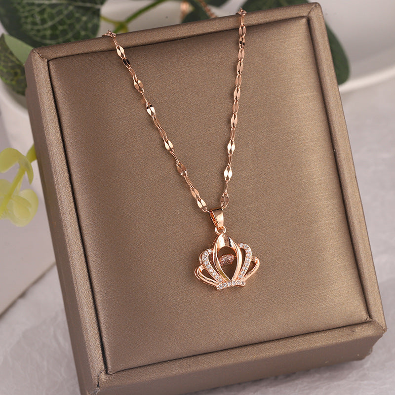 Elegant Crown-Shaped Pulsating Heart Pendant Necklace for Women in Titanium Steel with Plated Finish, Minimalist Locket Chain Design