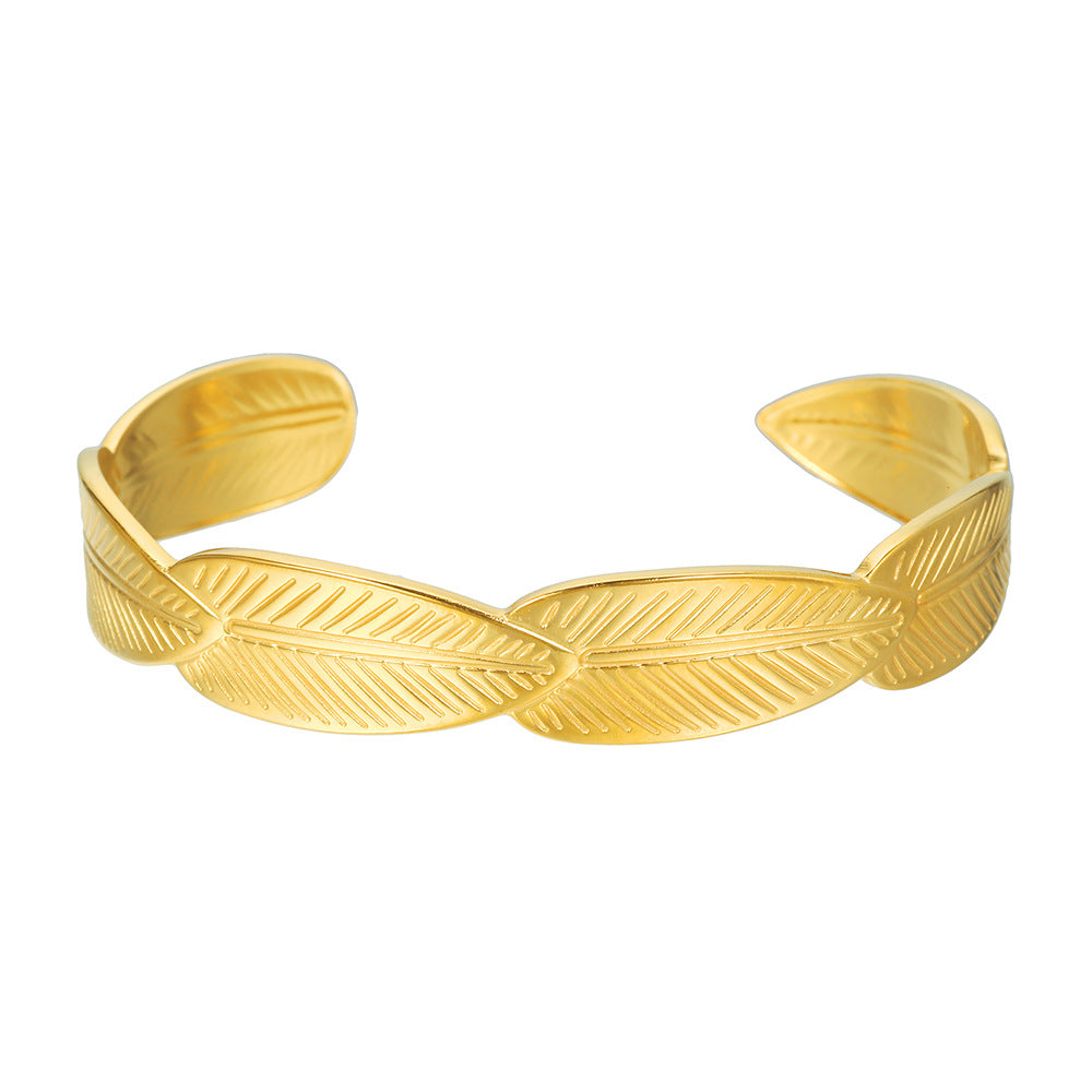 Minimalist Titanium Steel Plated Round Geometric Leaf Hollow Sun Snake Cuff Bracelet