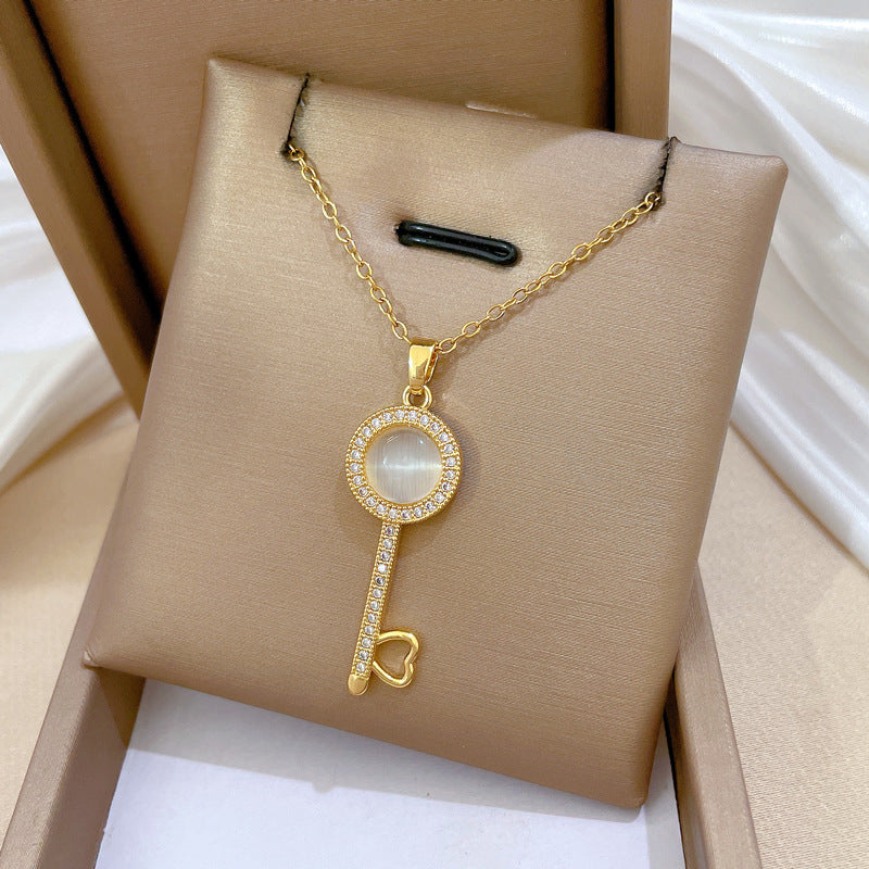 Cartoon Style Cat's Eye Key Pendant Necklace for Women Stainless Steel Clavicle Chain with Full Rhinestone Accents