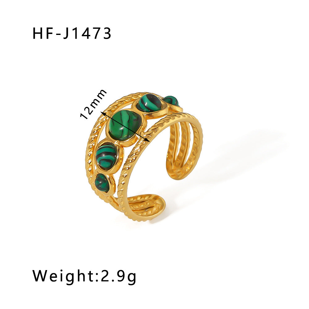 Vintage Geometric Round Emerald Green Natural Stone Stainless Steel Ring with 18K Gold Plating