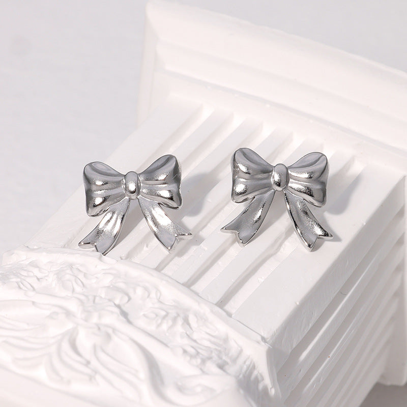 Minimalist Bow-Shaped Stainless Steel Stud Earrings for Women with Plated Finish, Lightweight and Fade-Resistant