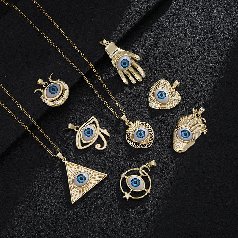 Collar con colgante de ojo turco geométrico vintage para mujer, chapado en cobre con oro real, cadena de serpiente, cadena de suéter ajustable