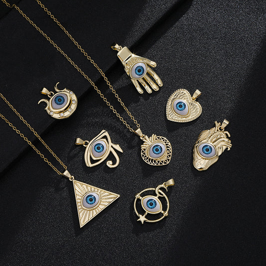 Collar con colgante de ojo turco geométrico vintage para mujer, chapado en cobre con oro real, cadena de serpiente, cadena de suéter ajustable