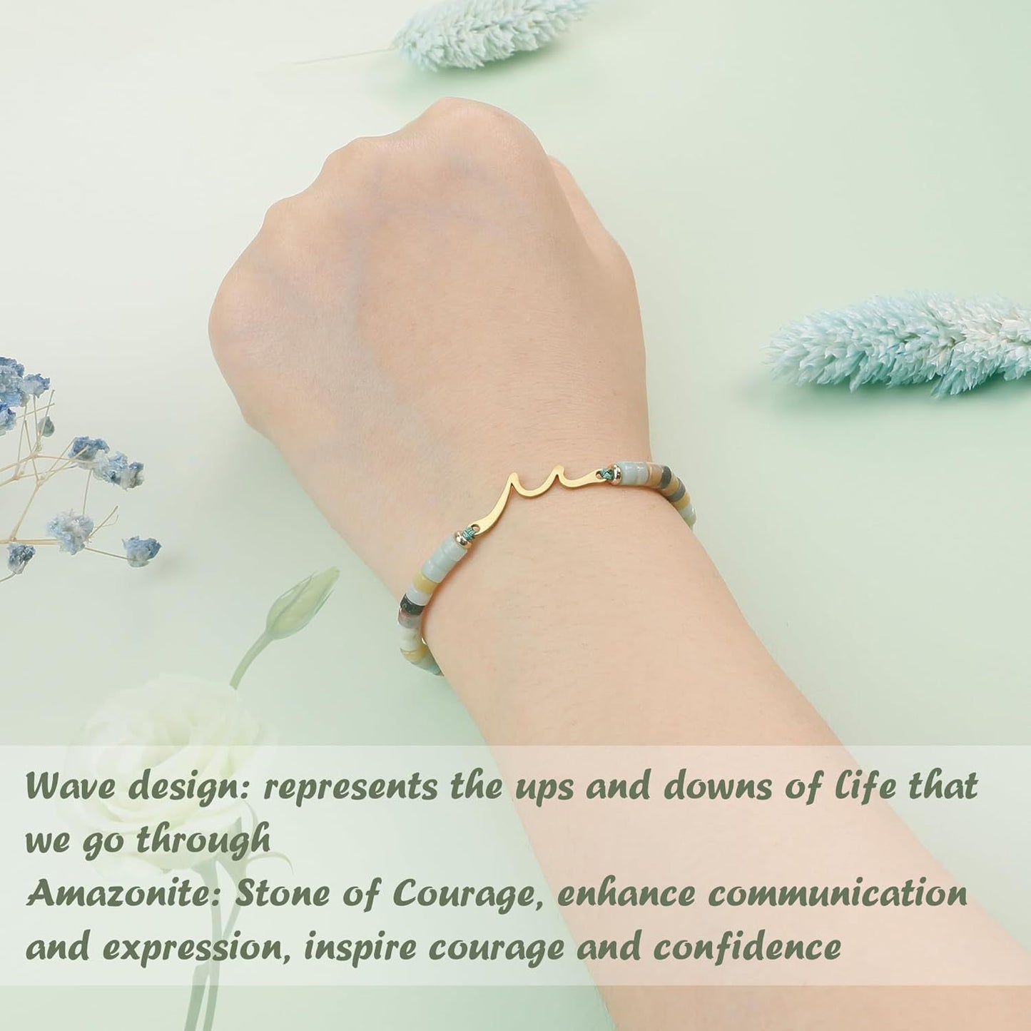 Gold Stainless Steel Wave Beaded Bracelet Handmade 4mm Natural Stone Strand
