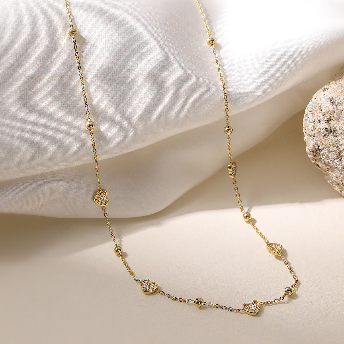 Minimalist 18K Gold Plated Heart Stainless Steel Necklace with Cubic Zirconia for Women