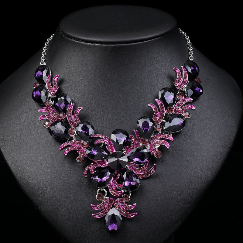 Personalized Exaggerated Purple Alloy Waterdrop Necklace and Earring Set with Rhinestone Inlay for Women Wedding