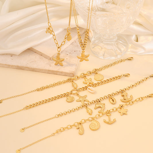 Collana con Pendente a Stella Marina e Conchiglia in Acciaio Inossidabile con Finitura Placcata su Catenina a O, Stile Vacanza Oceano alla Moda, per Donne