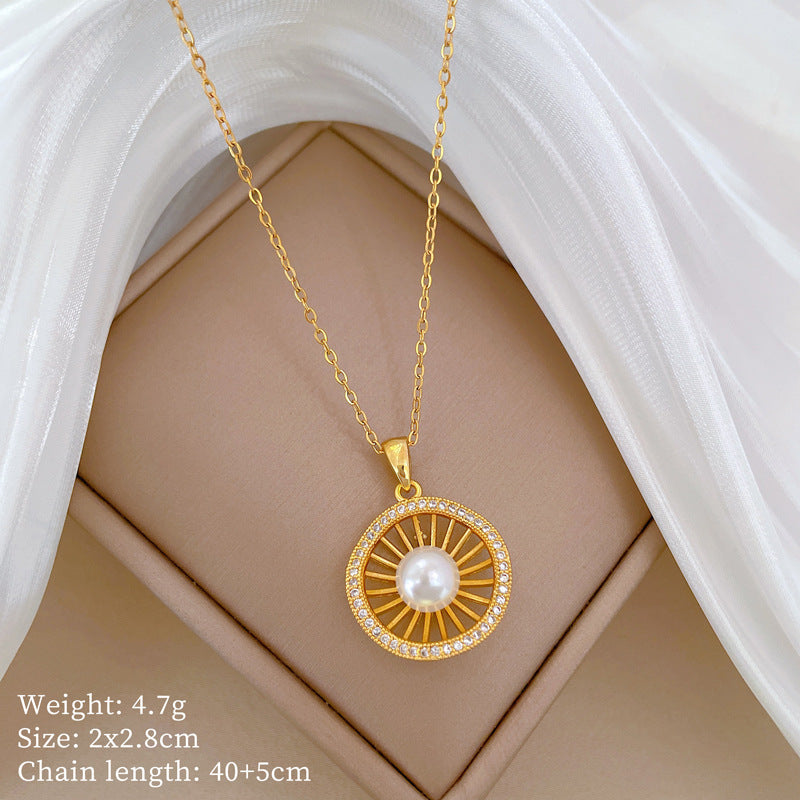 Luxury Titanium Steel Hollow Bird's Nest Pendant Necklace for Women with Rhinestone Inlay, Geometric Design, Delicate Clavicle Chain