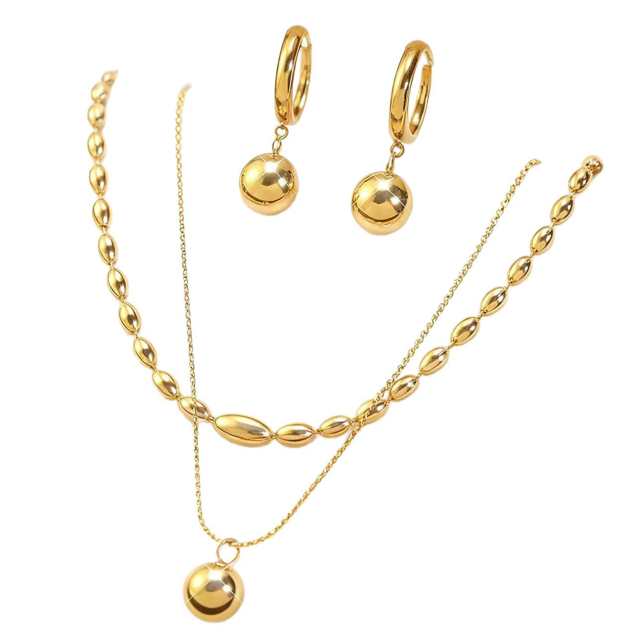 Minimalist Geometric 18K Gold Plated Stainless Steel Double Layer Ball Chain Necklace and Earring Set for Women