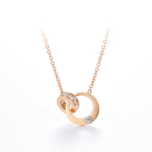 Collana con ciondolo a doppio cerchio in acciaio al titanio, geometrico minimalista, con strass intarsiati, da donna