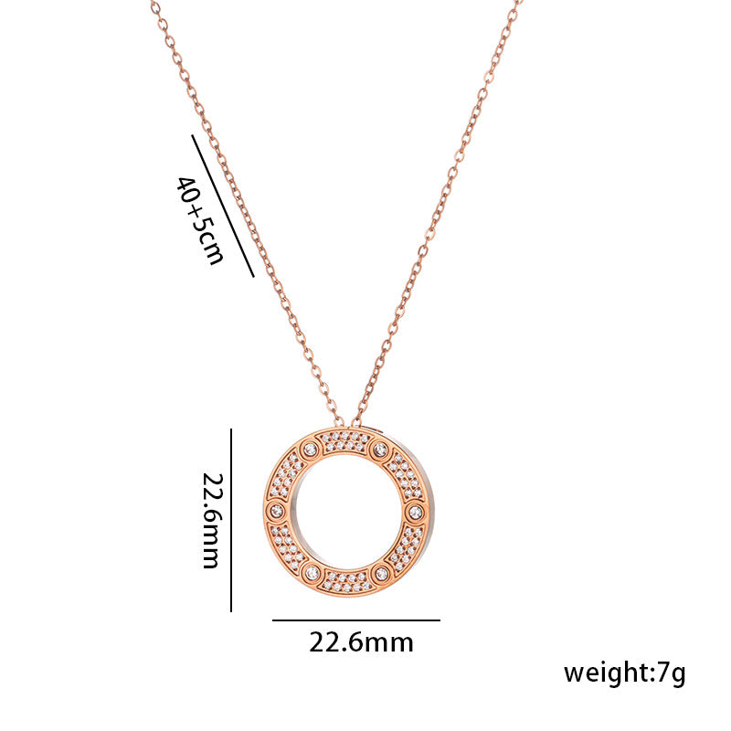Minimalist Round Pendant Necklace for Women Titanium Steel with Rhinestone Inlay Snake Chain