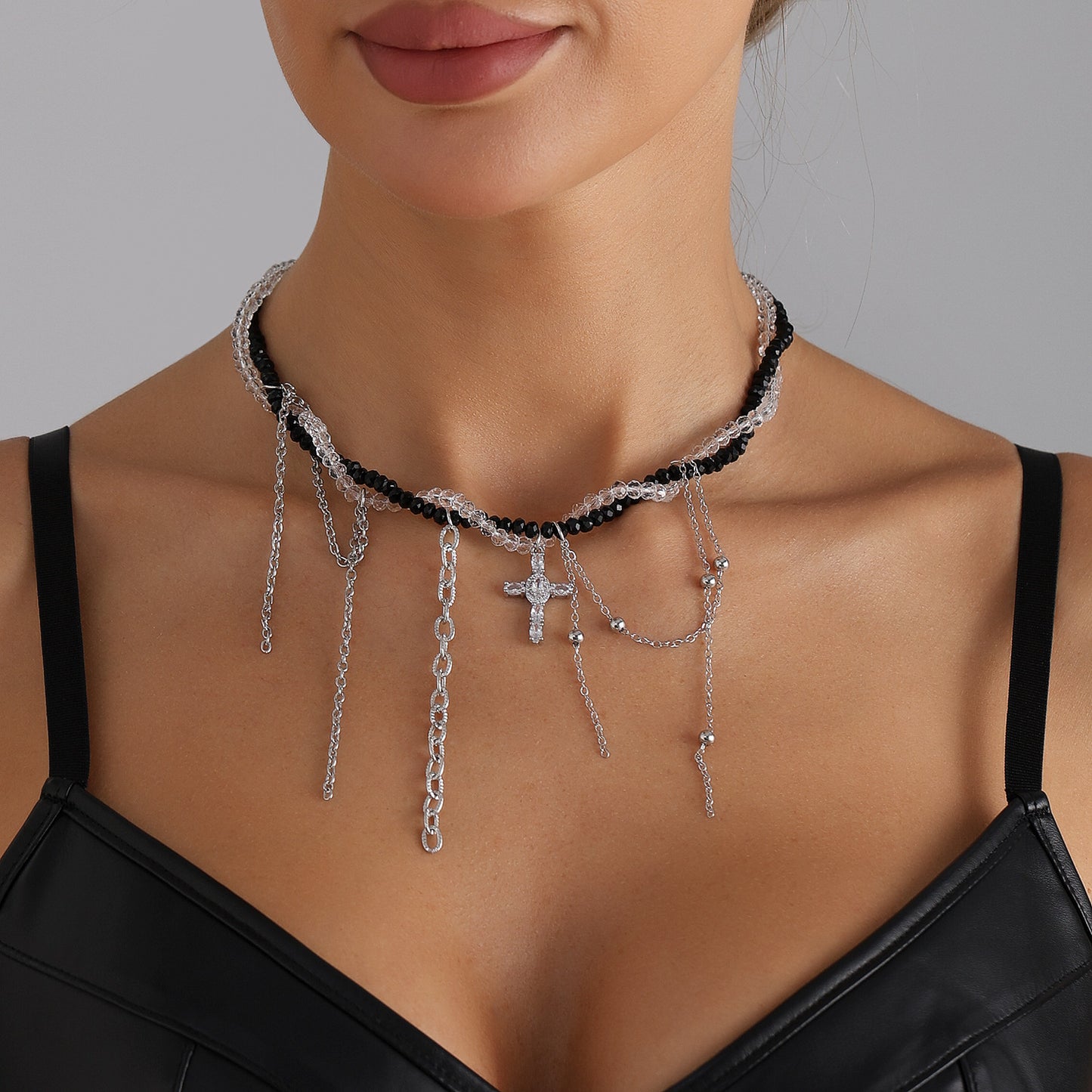 Gothic Streetwear Black and White Two-Tone Geometric Cross Alloy Pendant Necklace for Women