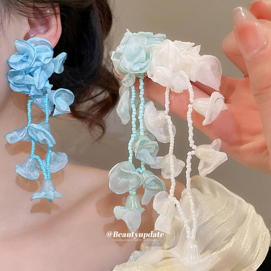 Sweet Floral Tassel Stud Earrings with Satin Fabric Beads and Stainless Steel Posts for Women