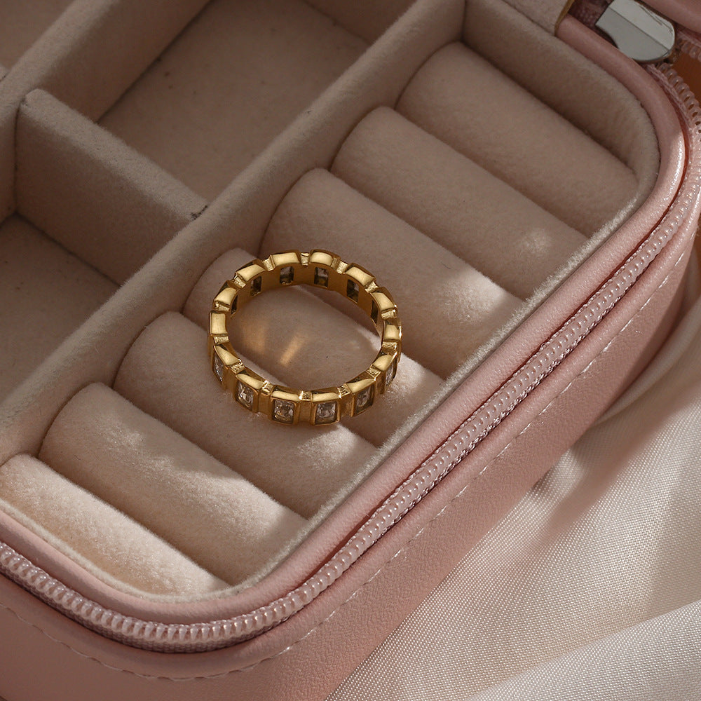 Anillo dorado para mujer de acero inoxidable con circonita incrustada, diseño geométrico minimalista, chapado al vacío, resistente al agua, a la moda