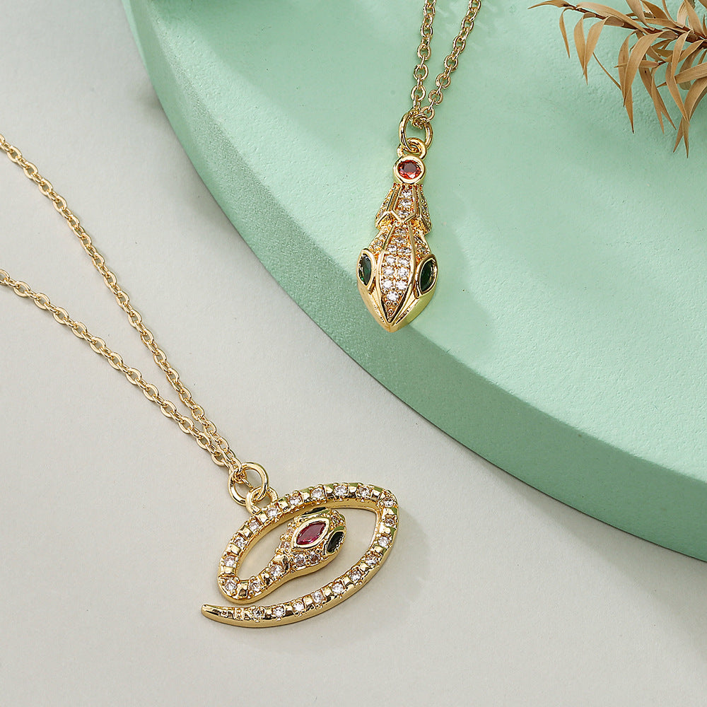 Bohemian Style Snake-Shaped Pendant Necklace for Women with Copper Base and Real Gold Plating, Zircon Inlay, Geometric Design