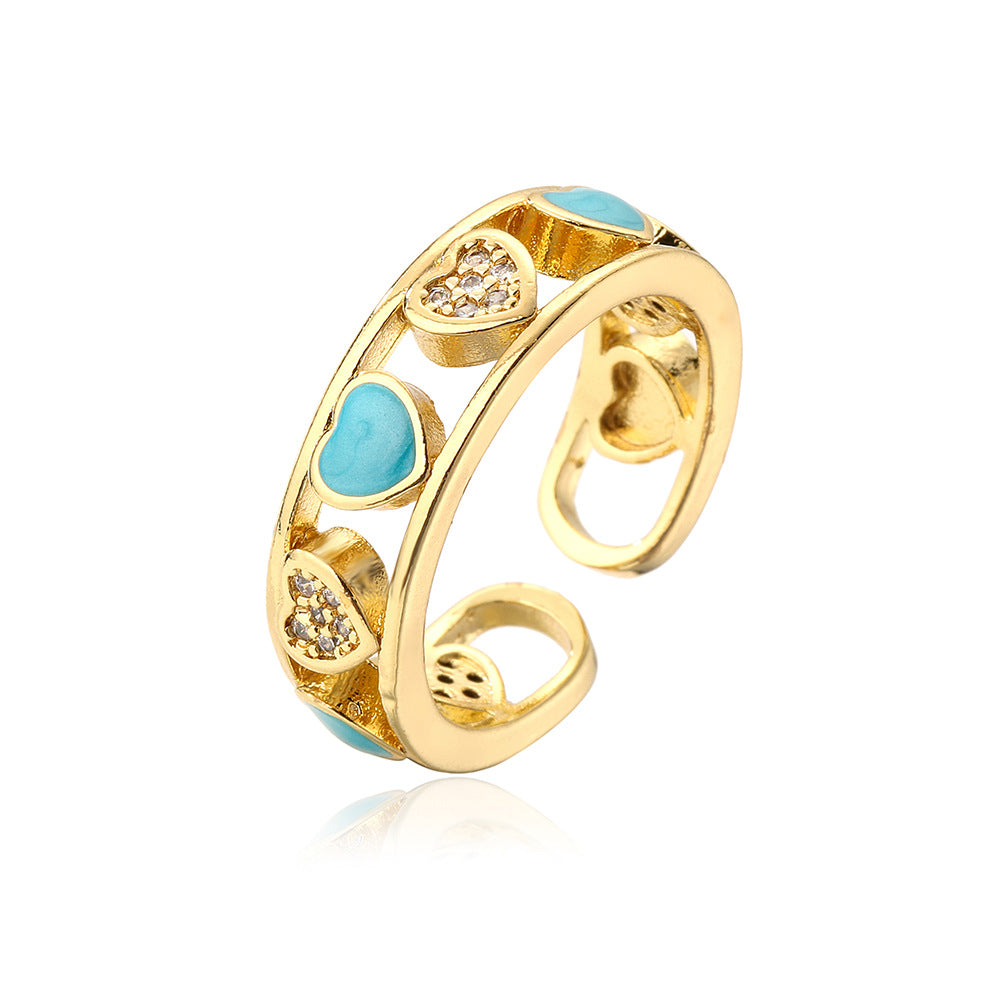 Anello geometrico minimalista in rame placcato oro 18K con intarsio a cuore in strass da donna