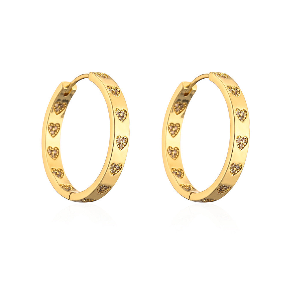 Orecchini a Cerchio Geometrici in Rame d'Ispirazione Vintage con Placcatura in Oro 18K e Accento a Cuore in Zirconia Cubica da Donna