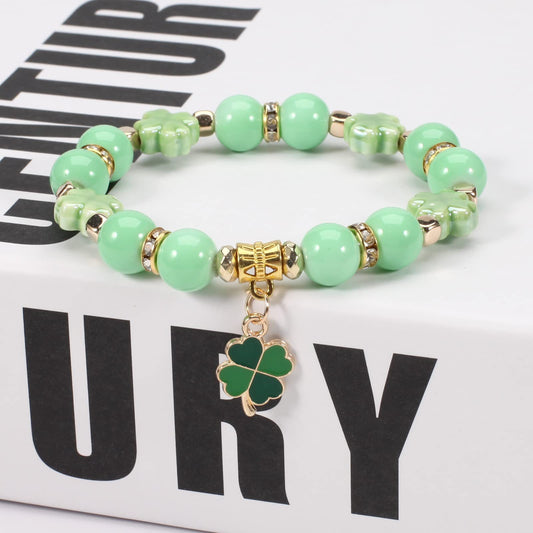 Elegant Four Leaf Clover Plant Floral Beaded Stretch Bracelet Unisex St. Patrick's Day Jewelry
