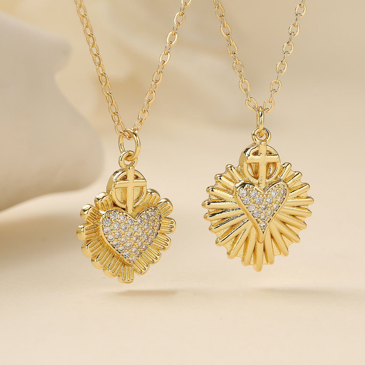 Minimalist 18K Gold Plated Brass Cross Heart Cubic Zirconia Pendant Necklace for Women