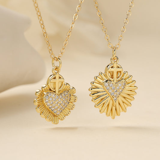 Minimalist 18K Gold Plated Brass Cross Heart Cubic Zirconia Pendant Necklace for Women