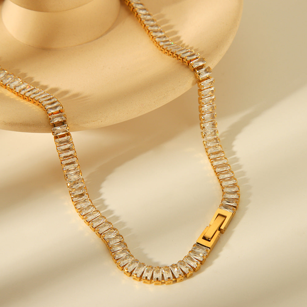 Minimalist Geometric Shaped Zirconia Pendant Necklace in Titanium Steel with Rhinestone Inlay for Women