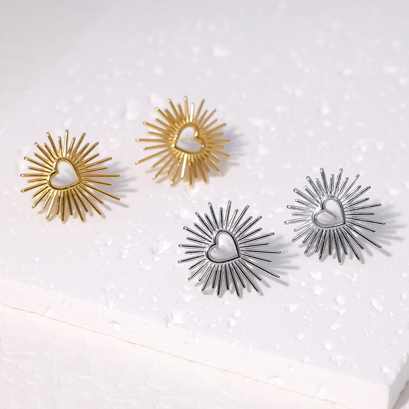 Pendientes minimalistas de titanio y acero para mujer, con formas geométricas de corazón y flores, de acero inoxidable galvanizado en tono frío, joyas de moda para la oreja