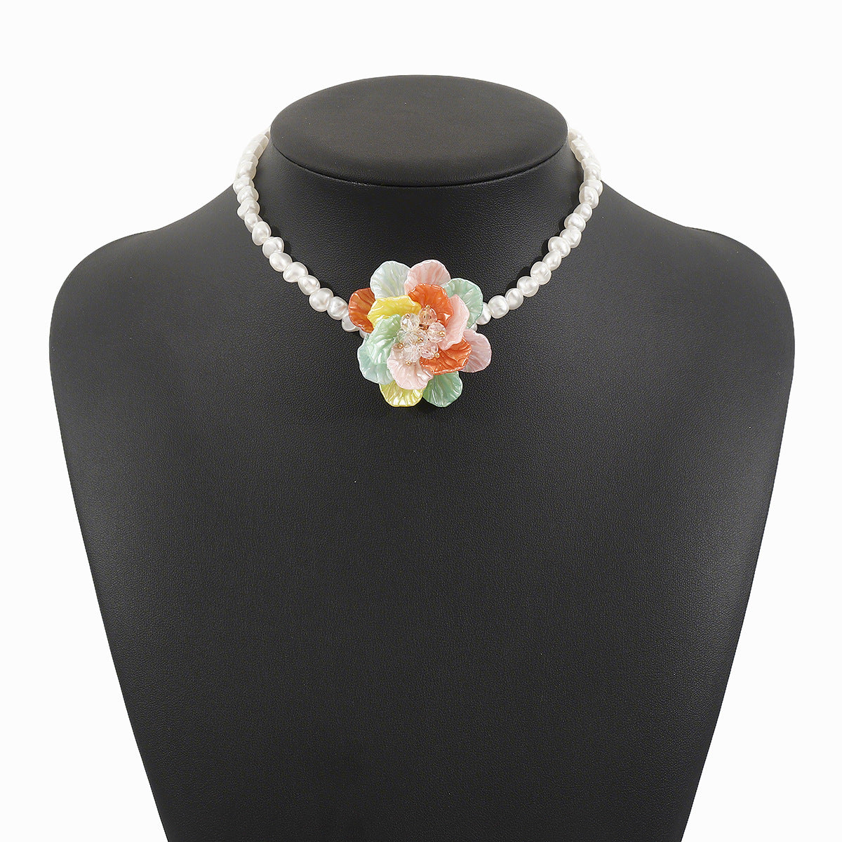 Collana Pendente Romantica Francese Vintage con Camelia per Donna, con Perle Imitazione e Strass su Delicata Catena alla Clavicola