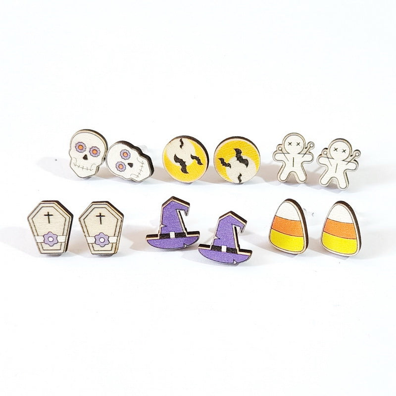 Pendientes de Halloween de Madera Estilo Caricatura con Calavera, Murciélago, Sombrero de Bruja y Ataúd para Mujer