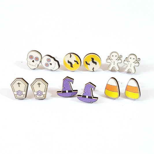 Pendientes de Halloween de Madera Estilo Caricatura con Calavera, Murciélago, Sombrero de Bruja y Ataúd para Mujer