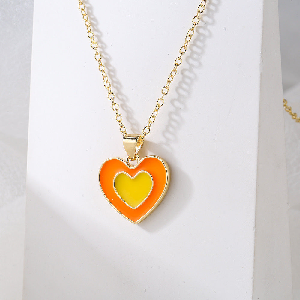 Minimalist Clavicle Necklace with Enamel-Coated Heart Pendant in Copper Base with 18K Gold Plating