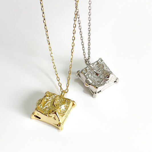 Minimalist 925 Sterling Silver Square Geometric Textured Pendant Necklace with Ball Chain