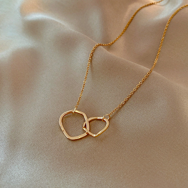 Minimalist Irregular Geometric Double Circle Pendant Necklace for Women with Titanium Steel Chain and Rhinestone Inlay