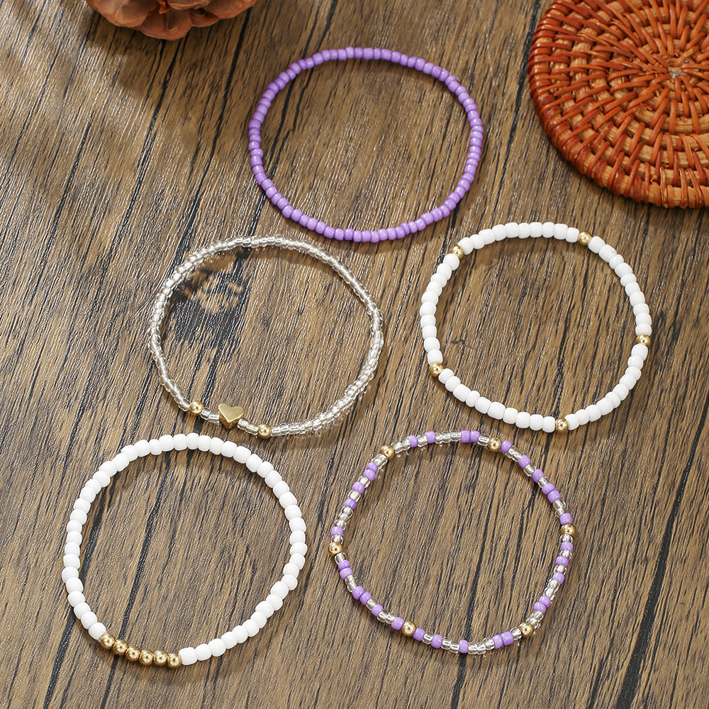 Bracciale Bohémien Multistrato con Cuore e Perline in Lega, su Cordino Elastico, da Donna