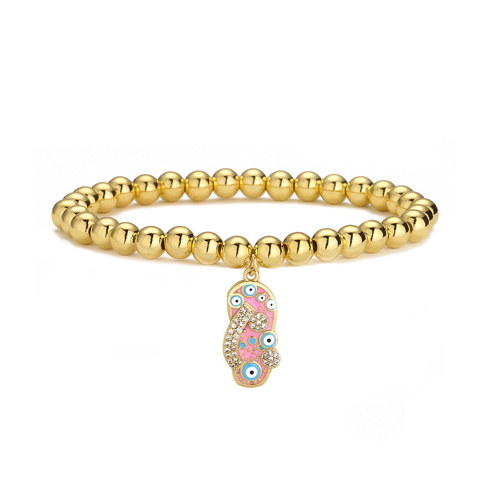 Minimalist Geometric Pendant Bracelet for Women with 18K Gold Plated Copper Beads and Enamel Zirconia Slipper Charm