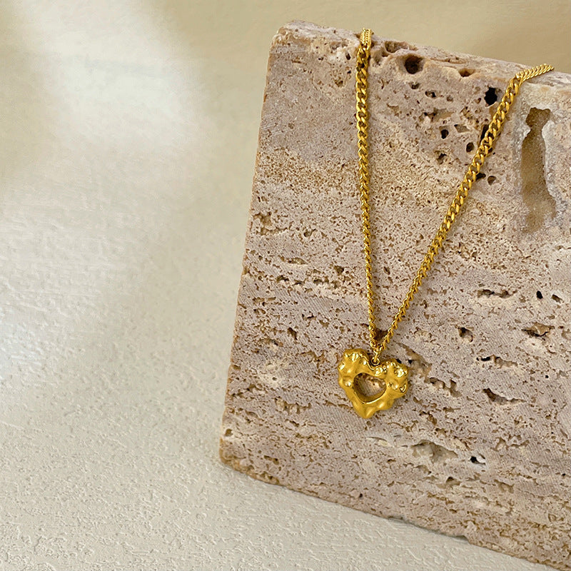 Abstract Heart Pendant Necklace for Women in Titanium Steel with Gold Plating, Minimalist Geometric Design, French Vintage Style, Sweater Chain