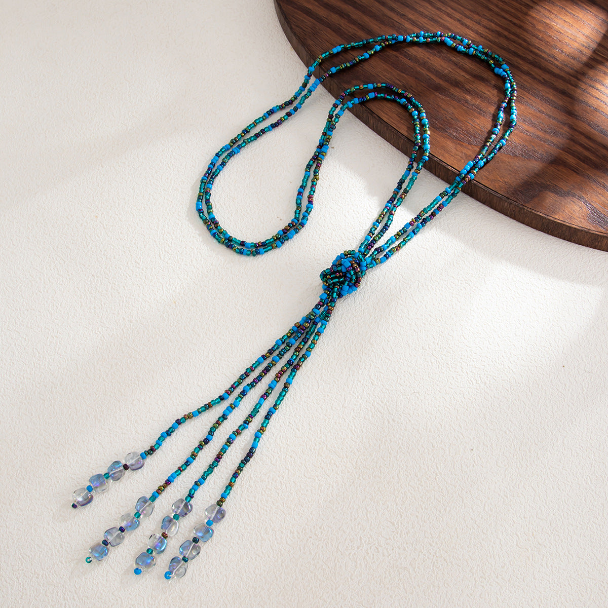Sweet Punk Geometric Multi-Layer Glass Bead Tassel Long Necklace for Women