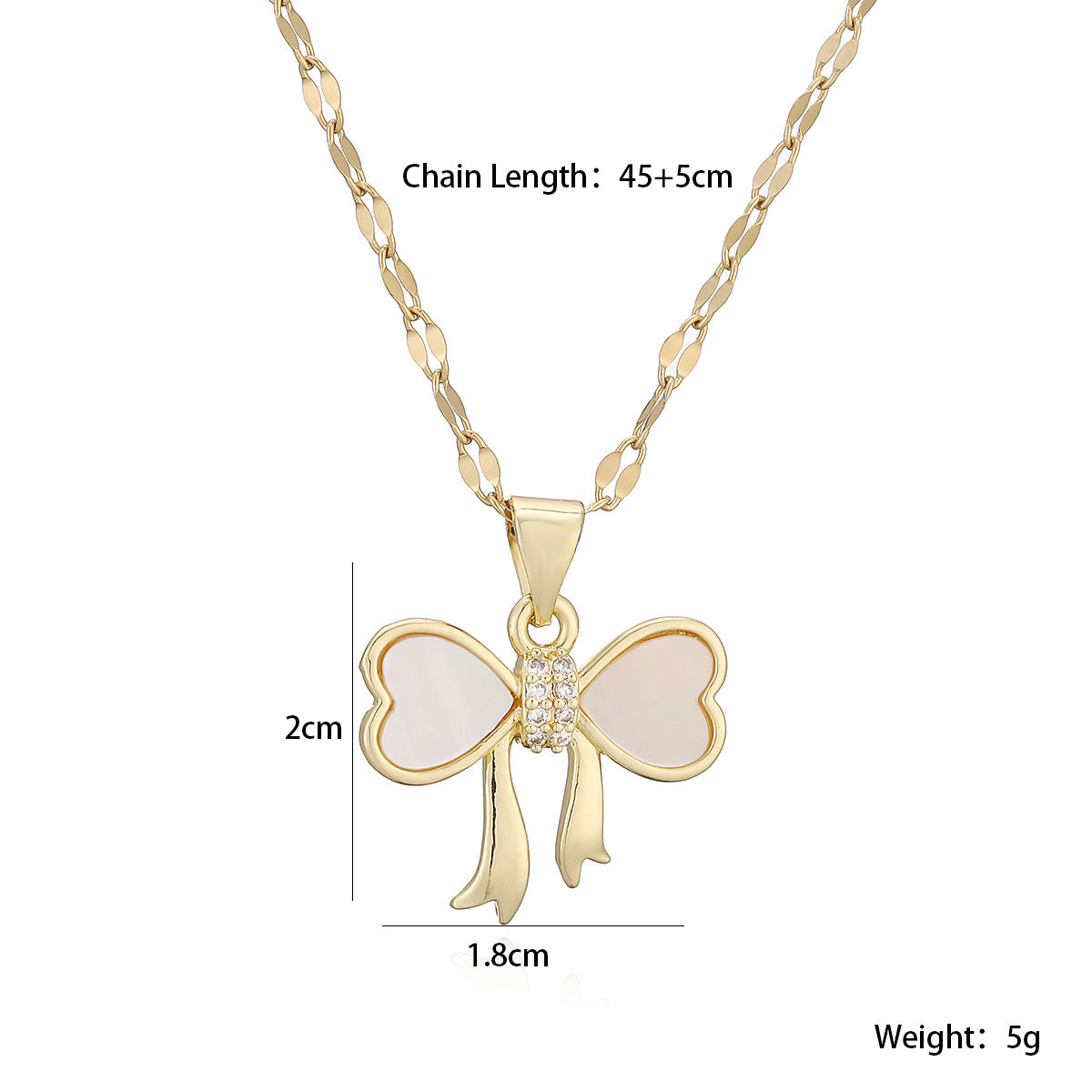 Minimalist Gold Plated Brass Bow Pendant Necklace with Cubic Zirconia for Women