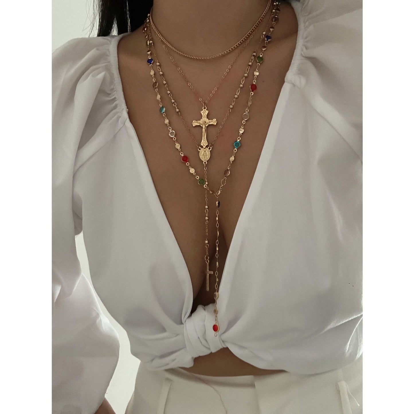 Collar con colgante de aleación de cruz geométrica con incrustaciones de diamantes de imitación informal con cadena en capas para unisex