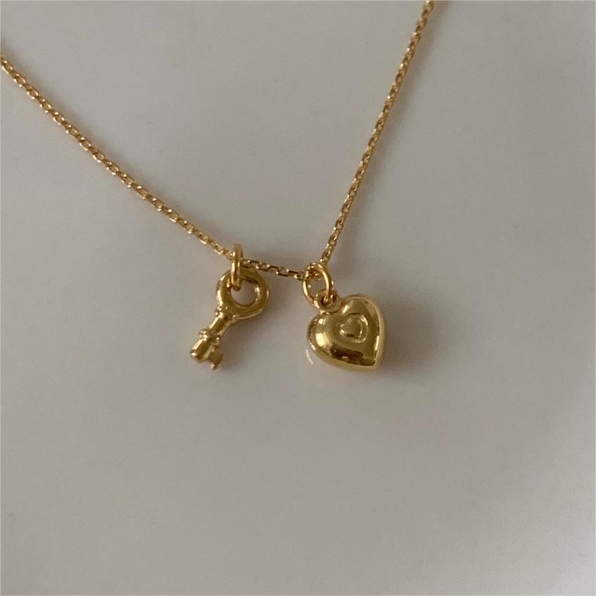 Minimalist Heart Key Pendant Necklace in 925 Sterling Silver with Gold Plating on Snake Chain