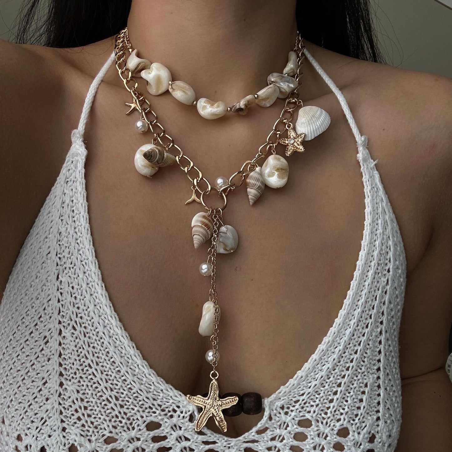 Beach Ocean Style Geometric Alloy Plated Necklace with Shell Pearl Elements for Women