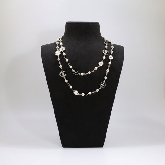 Luxury Gold Plated Brass Floral Necklace with Rhinestone Enamel and Pearl Ball Chain for Women