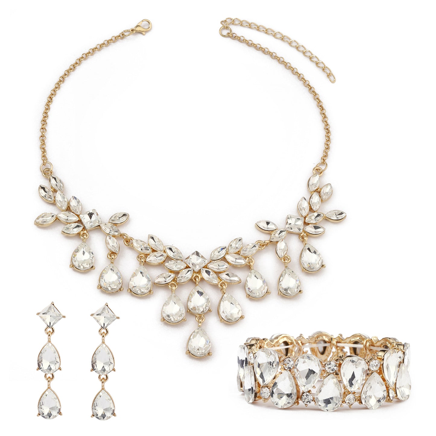Natural Floral Fresh Sweet Rhinestone Drop Pendant Necklace Set for Women with Alloy Pendant, Glass Inlay, Plated Finish, Box Chain, Earrings and Bracelet