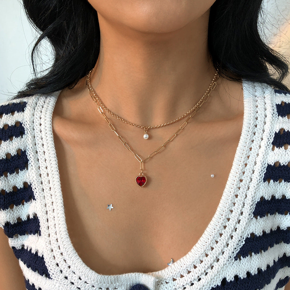 Collar de perlas geométrico minimalista con cadena de aleación chapada en oro para mujer, diseño de doble capa hasta la clavícula