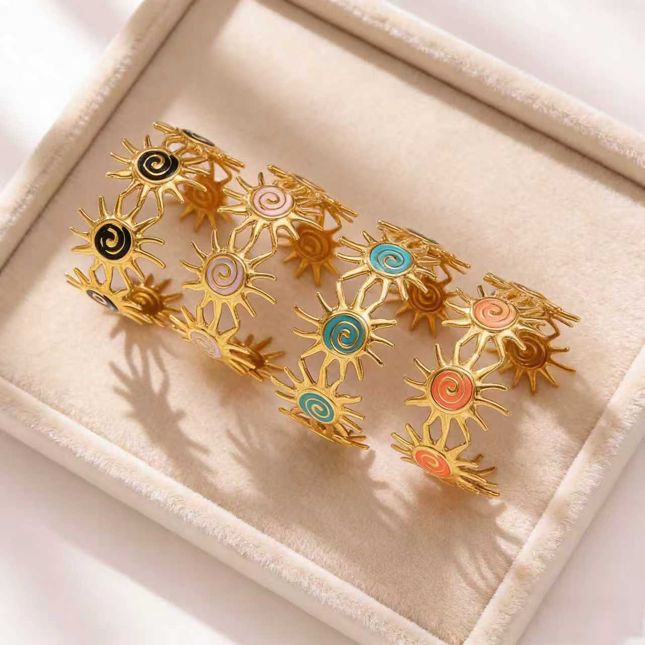 Bracciale a Polsino con Turbina Solare in Acciaio Inossidabile Geometrico alla Moda con Smalto a Olio a Goccia